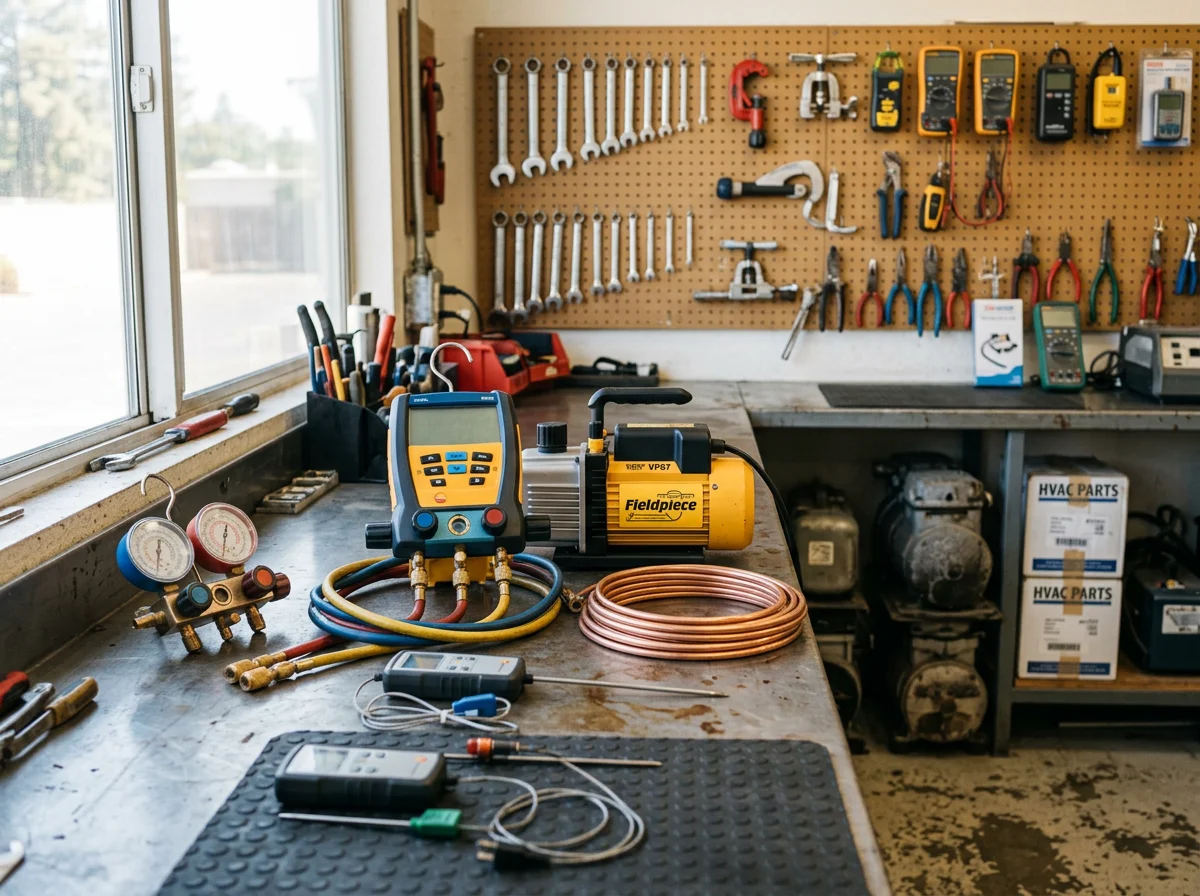 HVAC technician tools and equipment on a workbench, ready for service calls.