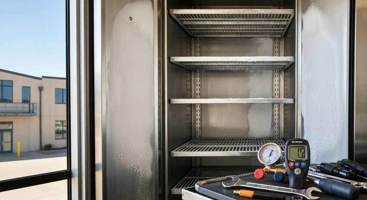 Open commercial refrigerator with stainless steel shelves, grating, and HVAC testing equipment