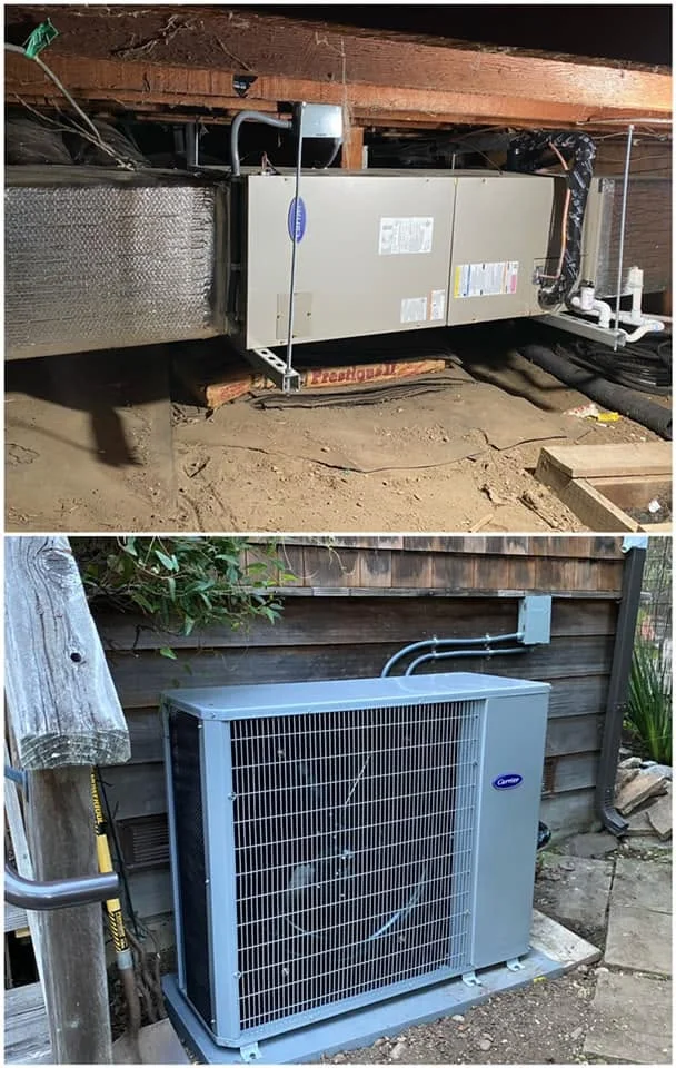 Heat pump indoor handler and outdoor condenser unit installation with refrigerant lines and ductwork