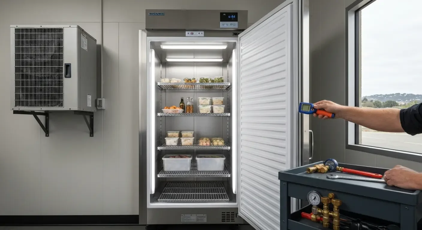 Stainless steel commercial refrigerator with wire shelves, LED lighting, and wall-mounted HVAC unit during installation