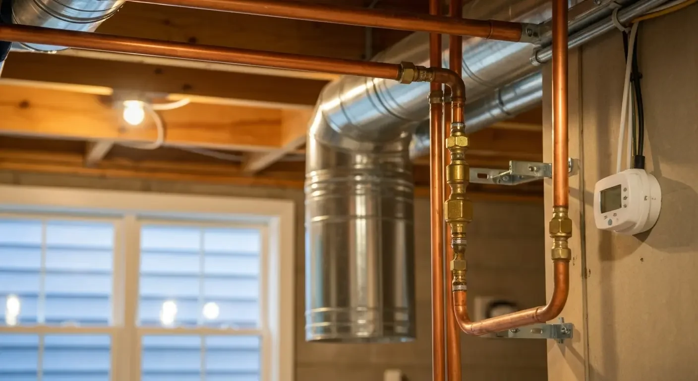 Copper piping with brass fittings and digital thermostat in hydronic heating system