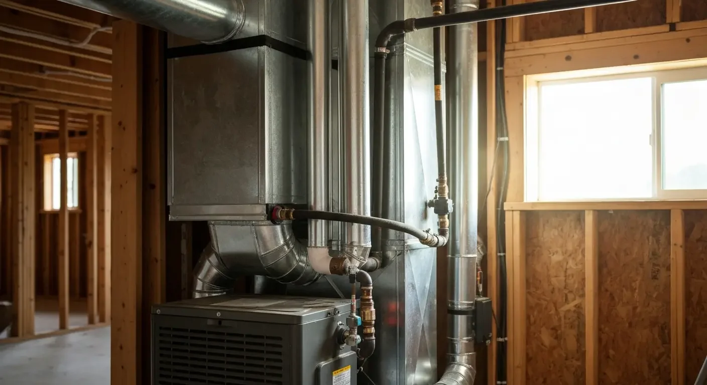 High-efficiency furnace with metal ductwork, supply lines, and isolation valves in residential construction