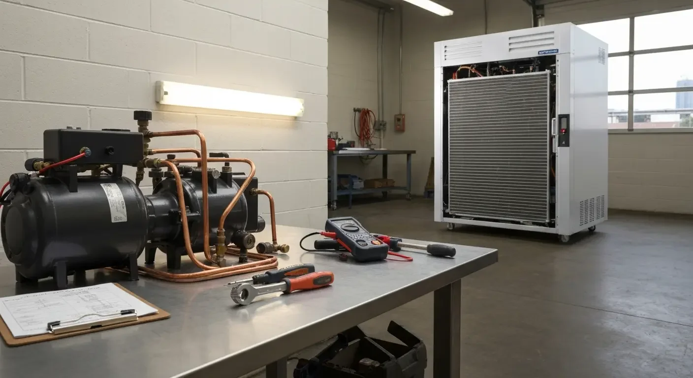 Commercial HVAC compressor unit with copper piping and large cooling condenser during installation testing