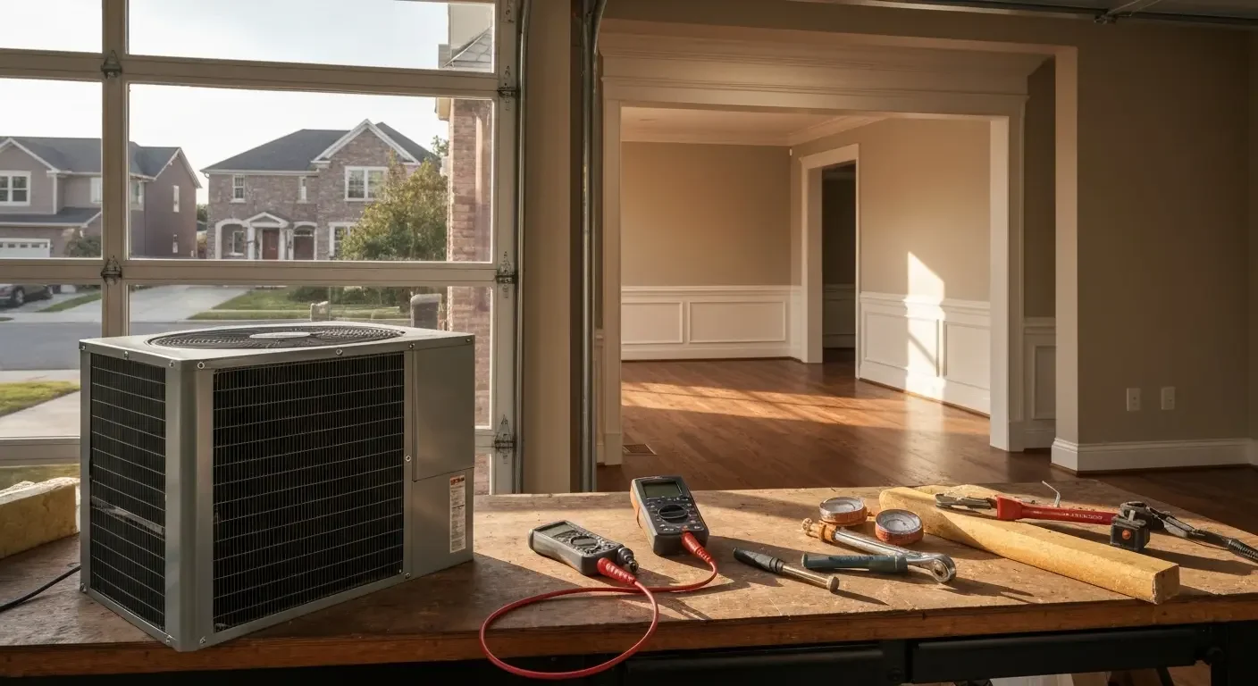AC condenser unit installation with diagnostic tools and hardwood flooring in residential home