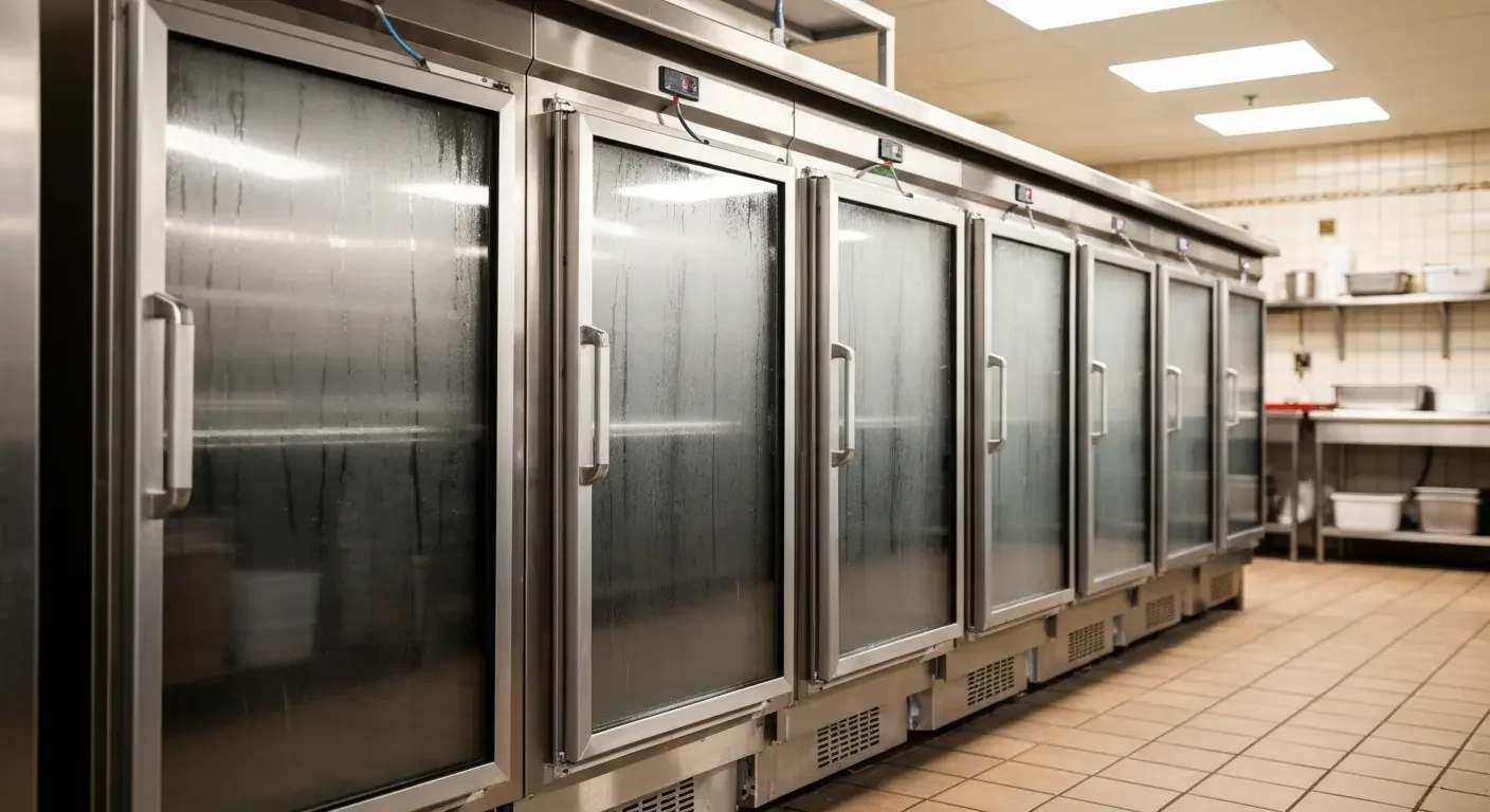 Row of stainless steel commercial refrigerators with glass doors and digital controls in food service kitchen