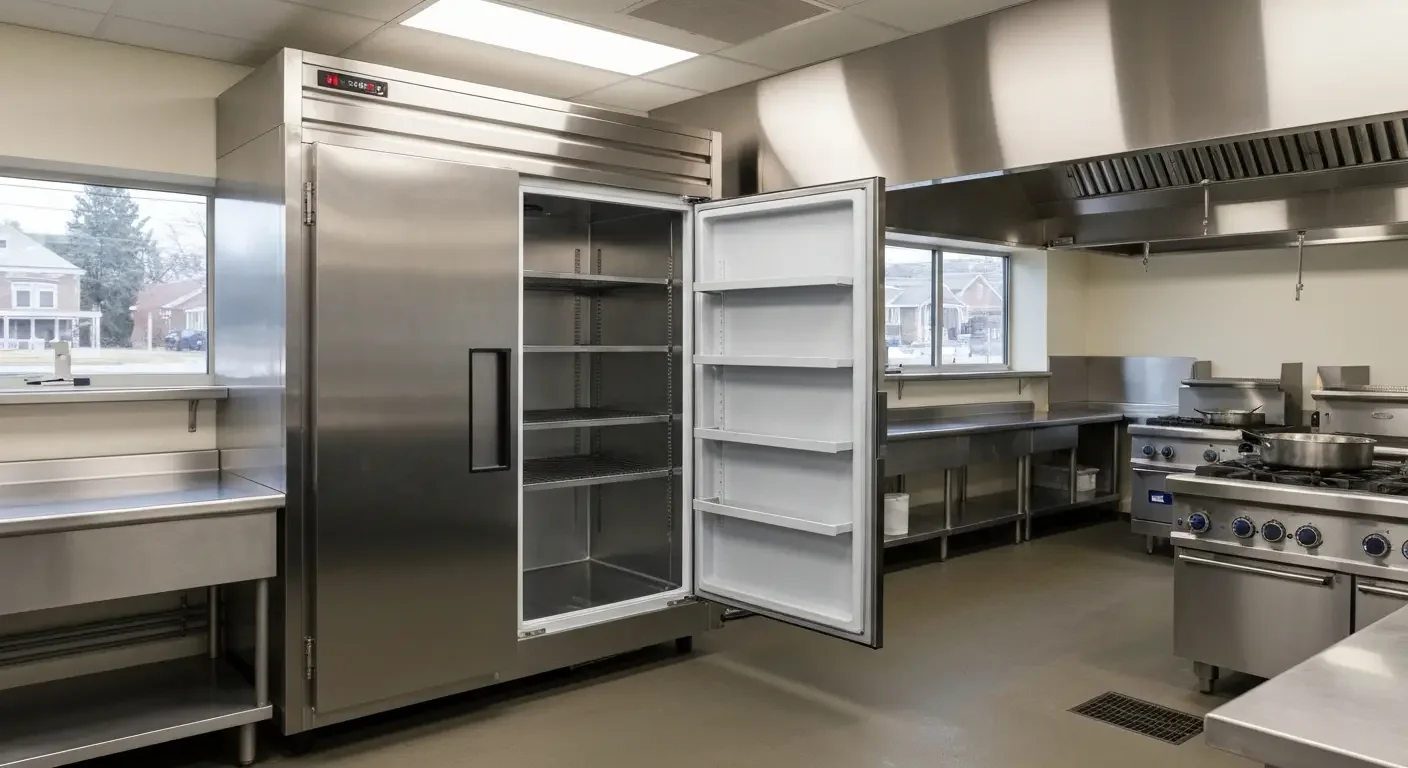 Stainless steel commercial kitchen with HVAC ductwork, hood system, and refrigeration units