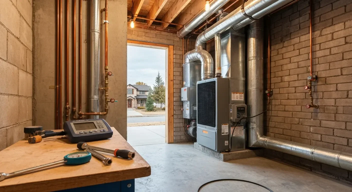 Heat pump system with copper piping, metal ductwork, and control panel in basement mechanical room