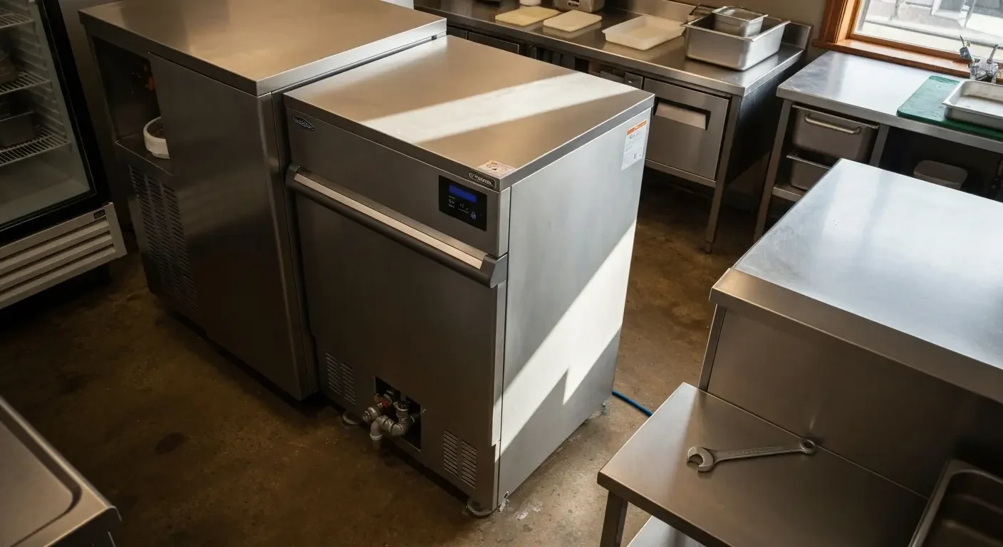 Stainless steel commercial refrigeration units with cooling systems installed in kitchen