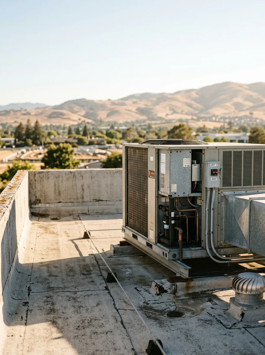 Commercial rooftop HVAC unit on a Fremont, California office building, with the Tri-Valley hills and a clear summer sky in the background.