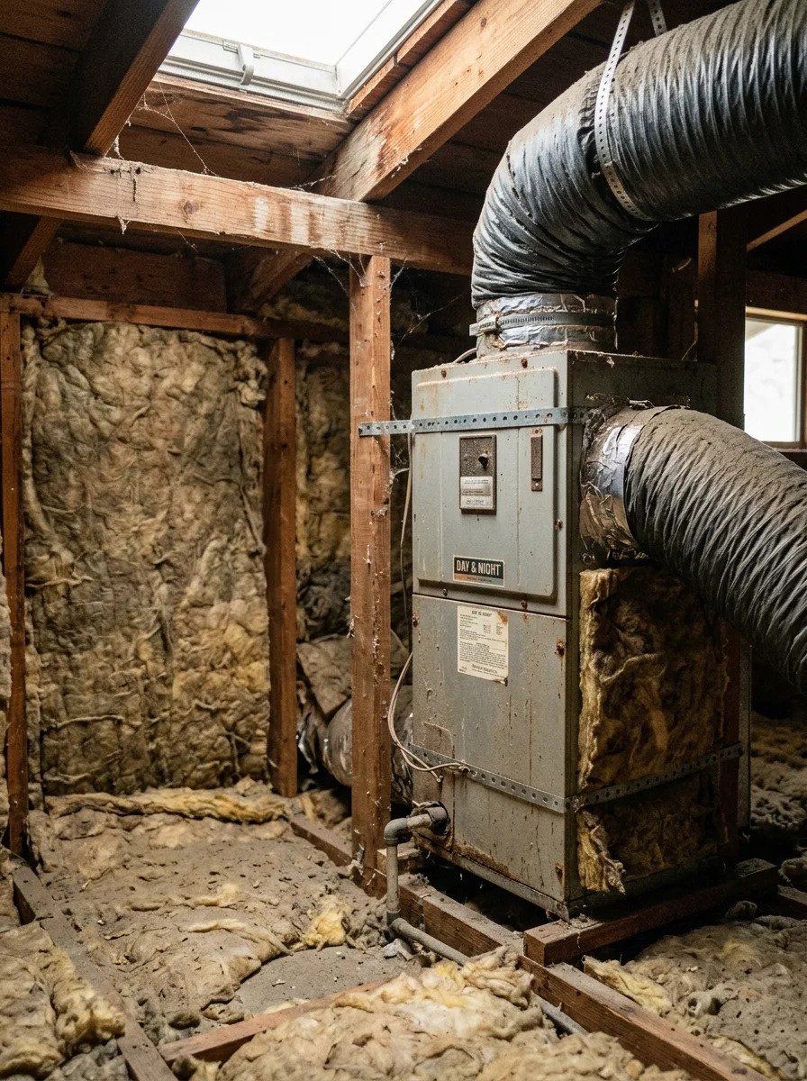 Close-up of a residential air handler and ductwork in the attic of a 1970s-era home in Contra Costa County, California, showing original flex duct connections.