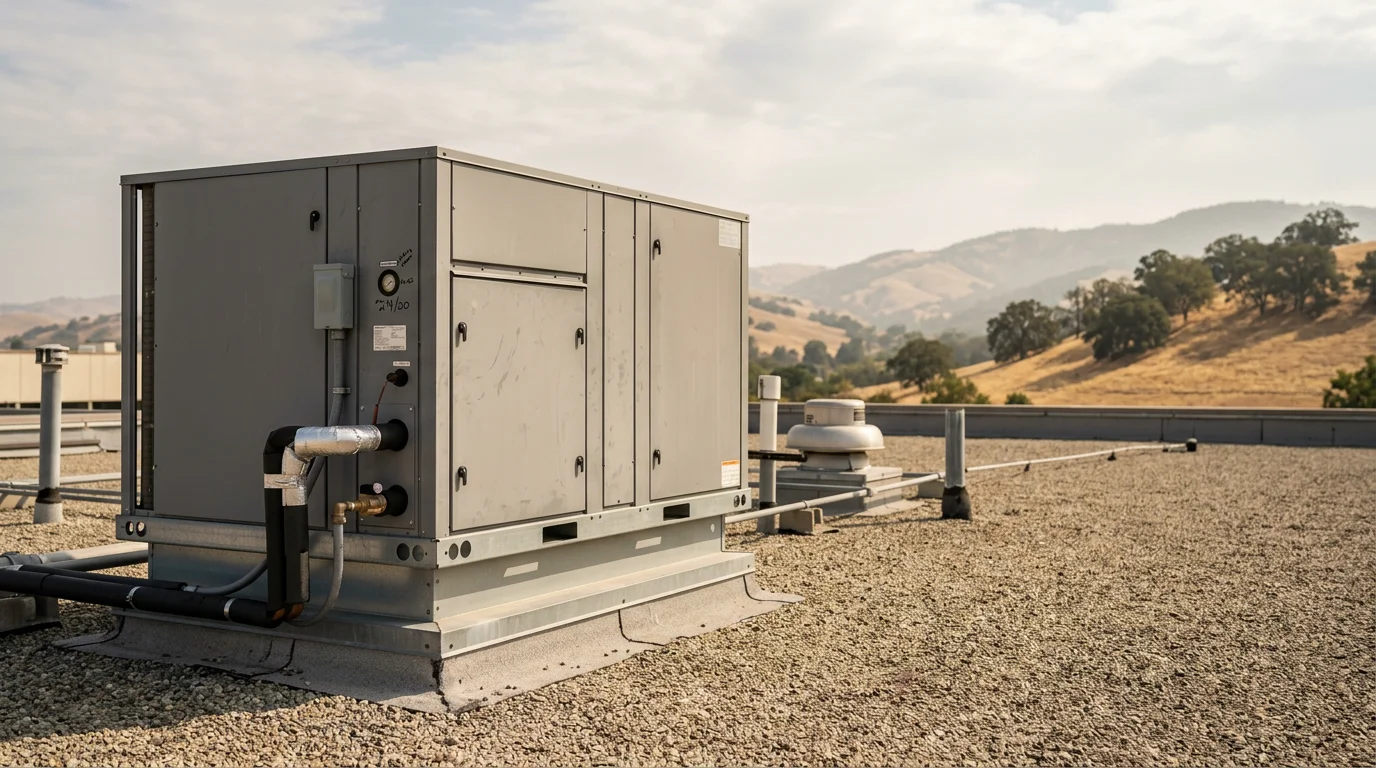 HVAC technician inspecting a rooftop package unit on a commercial building in Concord, California, with the Contra Costa County hills visible in the background.
