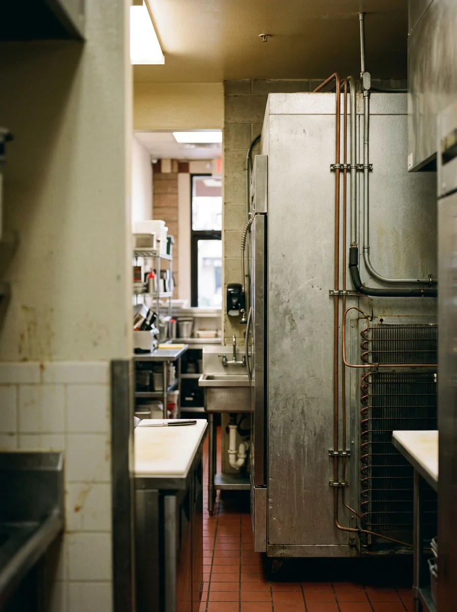 Walk-in commercial refrigeration unit in a San Jose restaurant kitchen, showing condenser coils and refrigerant lines in a tight commercial kitchen space.