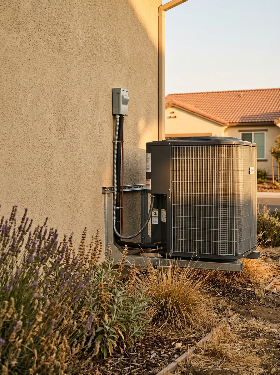 Residential central air conditioning condenser unit installed beside a Vacaville, California home, showing heat-exposed equipment in a dry inland yard.