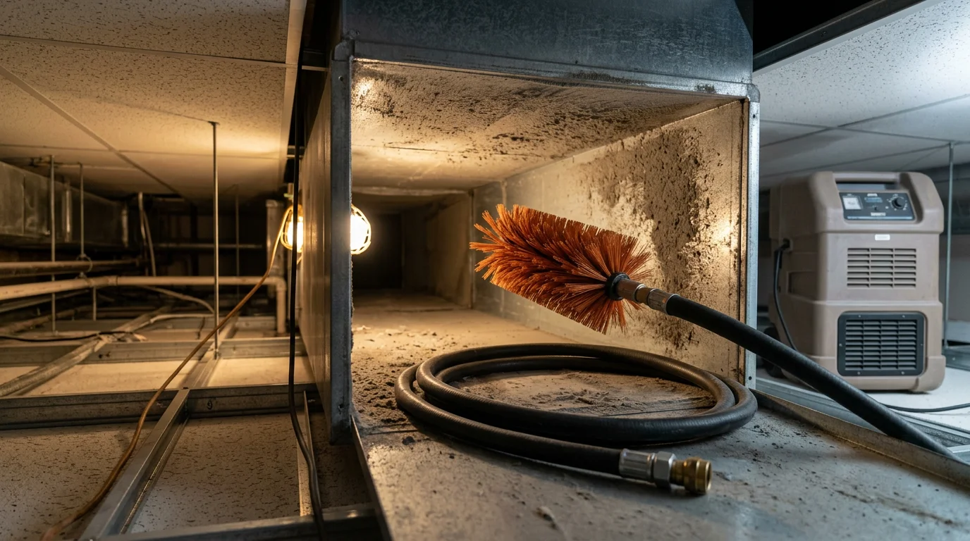 A commercial HVAC technician cleaning large supply ductwork inside a commercial building in Contra Costa County, CA. The image shows duct access panels open and professional cleaning equipment positioned at a duct opening in a commercial ceiling.