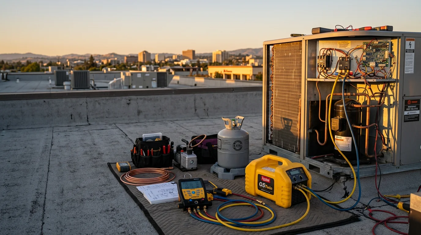 A commercial HVAC rooftop unit being inspected by a technician on a flat-roof office building in Contra Costa County, CA. The unit sits above a multi-suite commercial property on a clear day with the county's inland hills visible in the background.