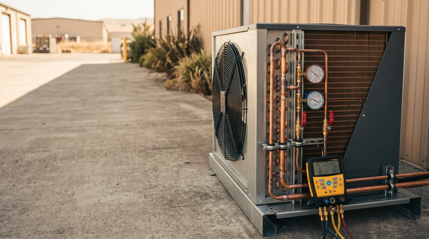 A commercial refrigeration system being installed in a food service business in Contra Costa County, CA. A technician positions refrigerant lines and checks condenser placement inside a commercial kitchen.