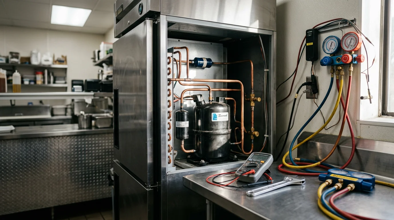 A CES Tech Heating and Cooling technician inspecting the condenser unit of a commercial refrigerator inside a food service facility in Contra Costa County, CA. The technician uses diagnostic equipment to check refrigerant pressure and system performance.