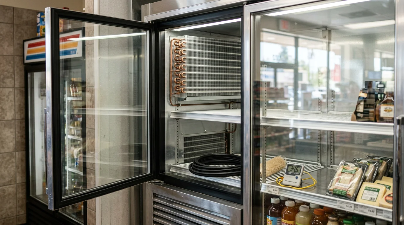 A refrigerated multi-deck display case inside a commercial deli in Contra Costa County, CA, stocked with fresh meats and prepared foods at proper holding temperature. A technician inspects the condenser coil panel at the base of the unit.