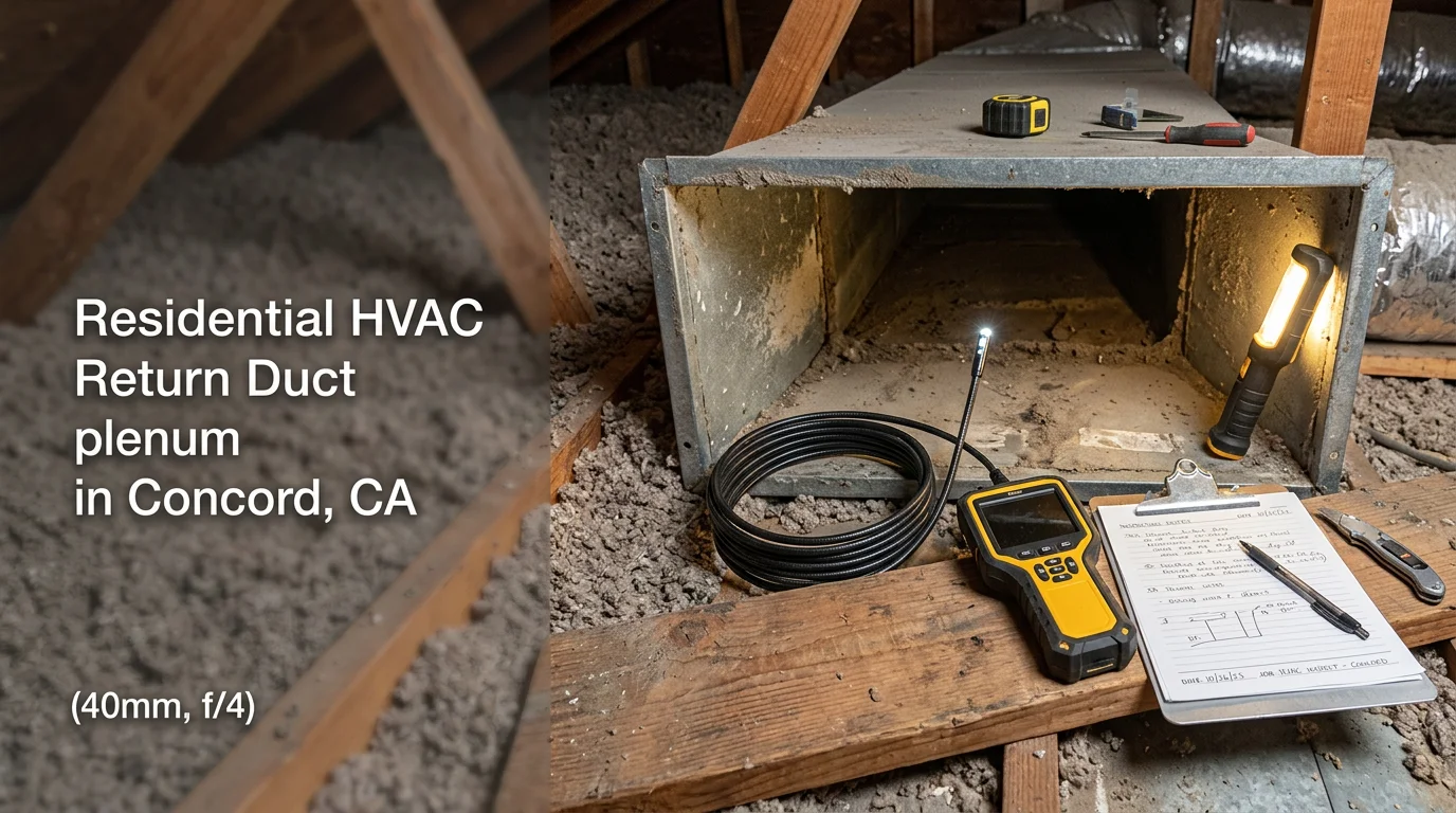 A CES Tech technician inspecting flexible ductwork and duct connections in the attic of a Contra Costa County home. The image shows visible duct sections being examined for leaks and damage.