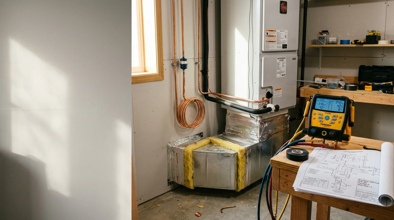 A newly installed HVAC system on the side of a single-family home in Contra Costa County, CA, with clean copper lines and a modern outdoor condenser unit. A technician from Ces Tech Heating and Cooling checks the installation connections in a residential backyard setting.