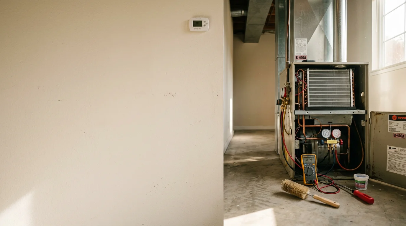 A Ces Tech Heating and Cooling technician inspecting an outdoor HVAC condenser unit at a residential home in Contra Costa County, CA. The technician checks electrical connections and coil condition during a routine maintenance visit.