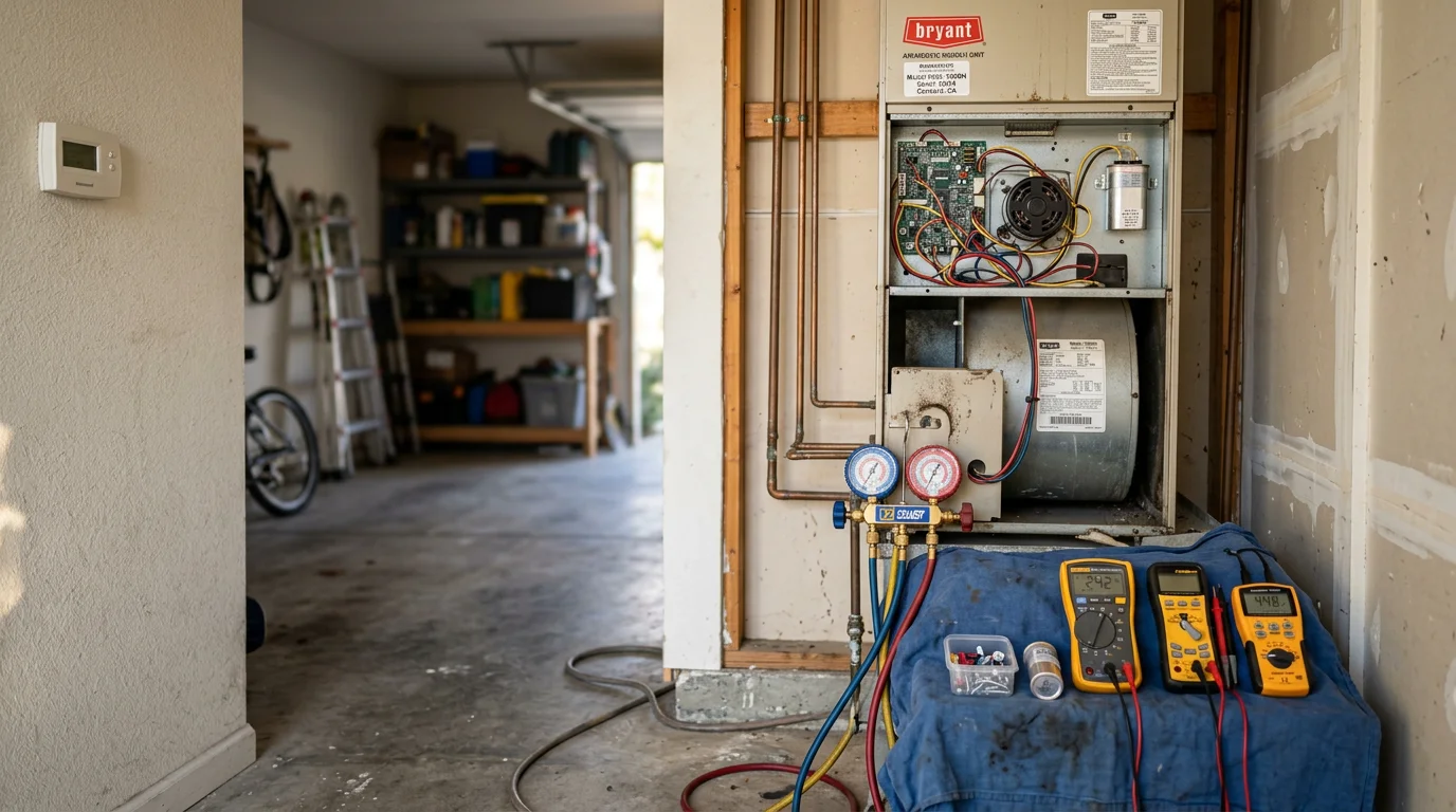 A Ces Tech Heating and Cooling technician inspecting an outdoor HVAC condenser unit at a residential property in Contra Costa County, CA. The image shows a hands-on repair visit at a single-family home on a clear, sunny day.
