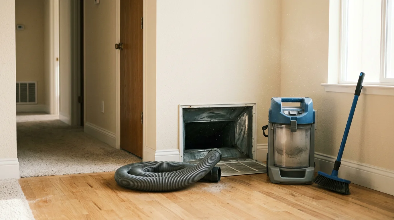 A CES Tech Heating and Cooling technician cleaning residential air ducts inside a Contra Costa County home, with a vacuum collection system connected to the duct opening at a wall register. Dust and debris are visible being extracted from the duct run.