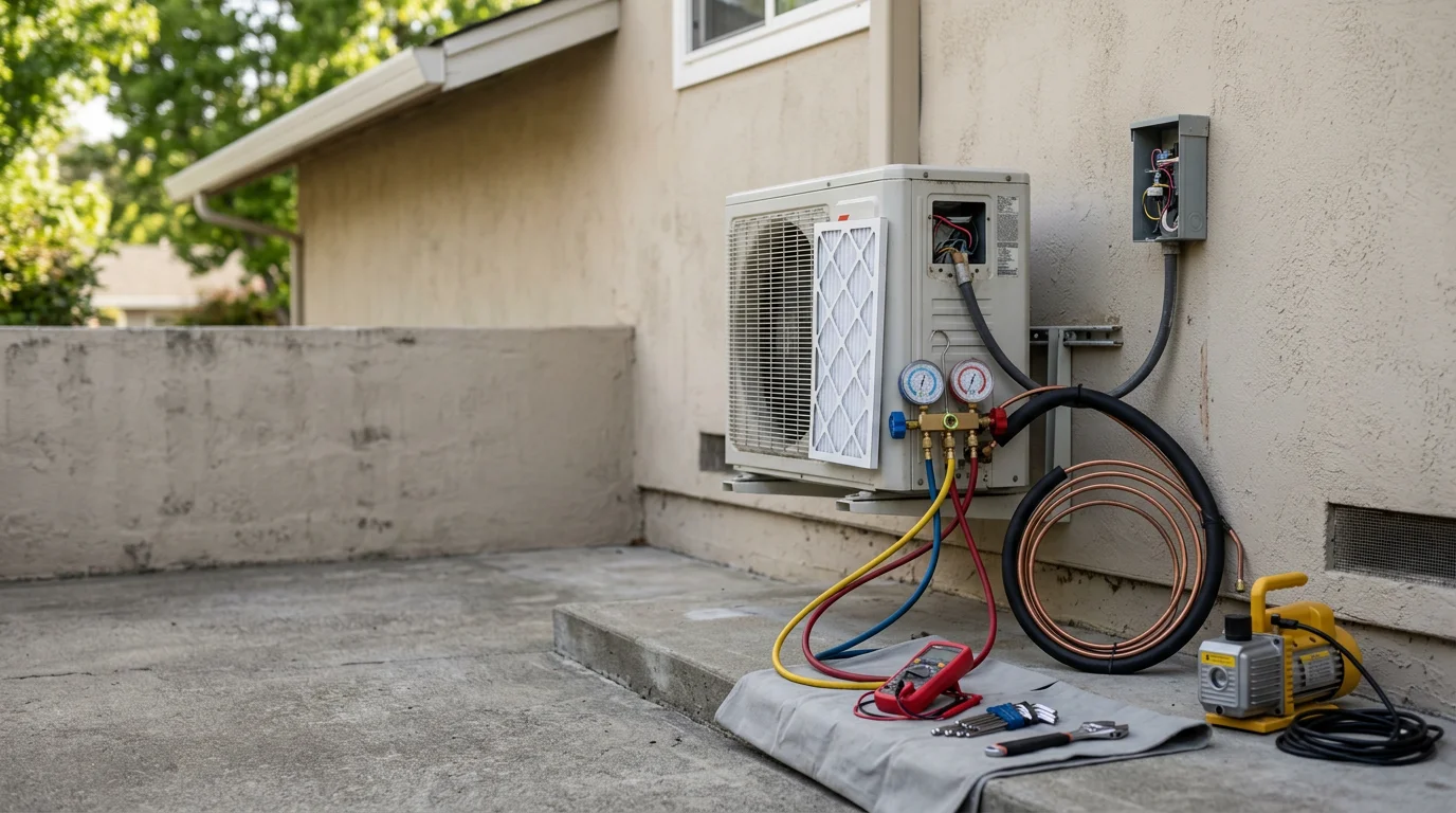 A residential HVAC technician inspecting an outdoor cooling unit at a single-family home in Contra Costa County, CA. The home sits in a sunny inland neighborhood typical of the region.