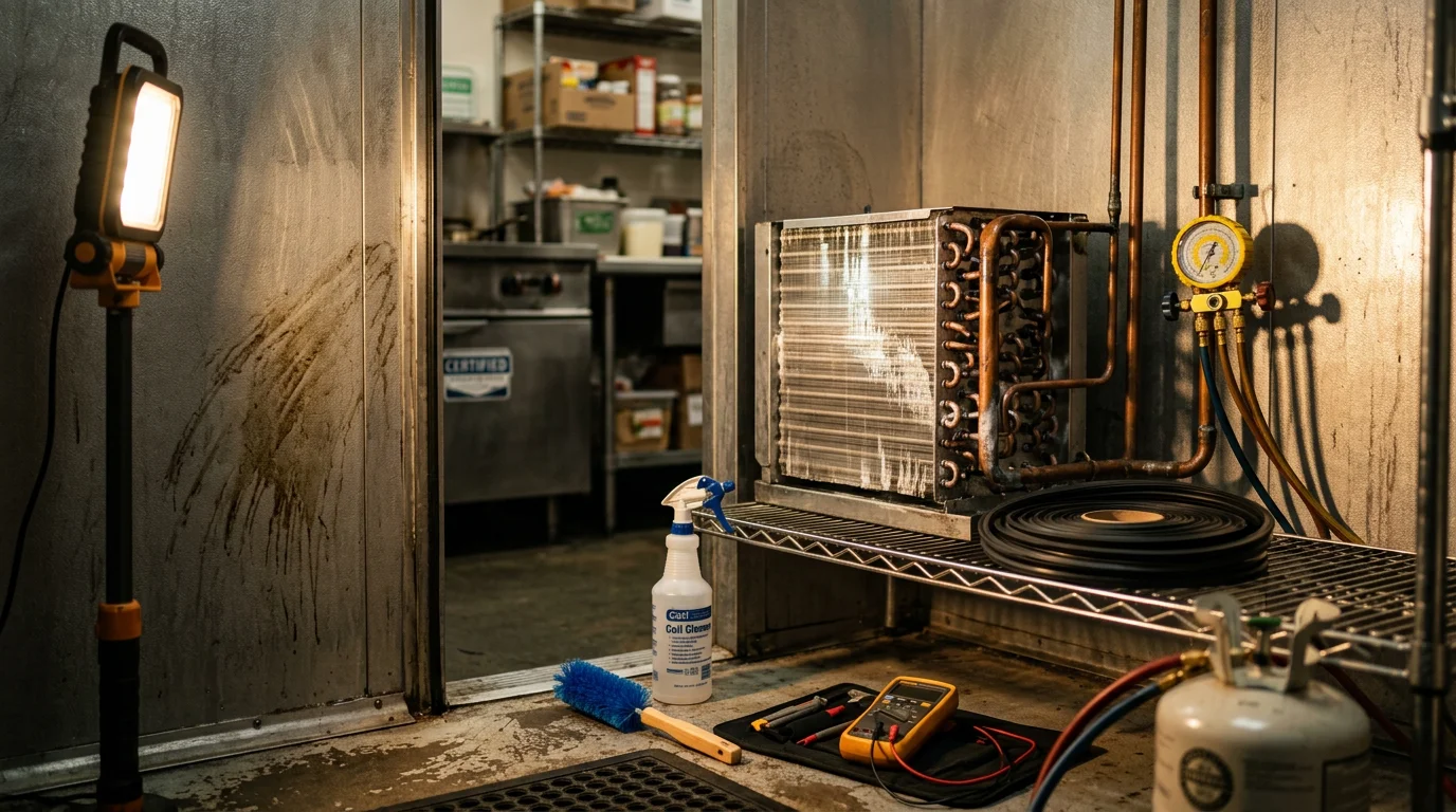 A CES Tech technician inspecting the condenser unit of a commercial walk-in cooler at a Contra Costa County restaurant. The cooler interior is visible through the open door, showing organized shelving and proper cold storage conditions.